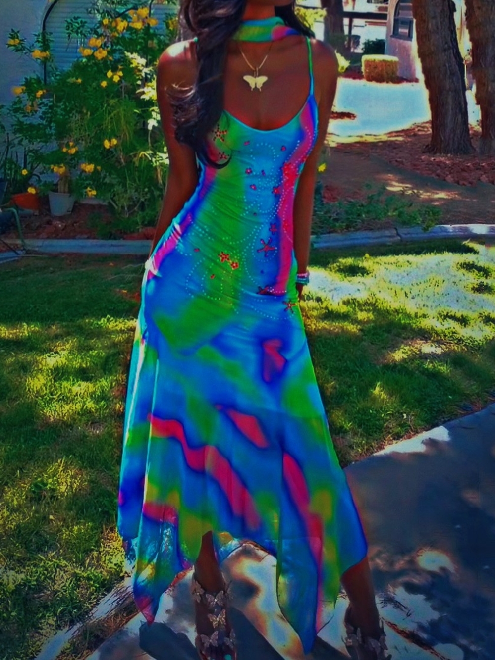 Tie-Dye Rainbow Fairycore Maxi Dress with Rhinestone Detail - Blue & Green